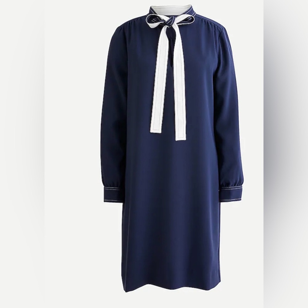 J Crew Navy Shift Dress With Necktie in 365 Crepe Long Sleeve 8